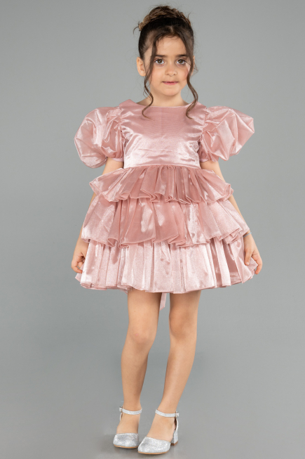 Front Short Back Long Powder Color Satin Girl Dress ABO131