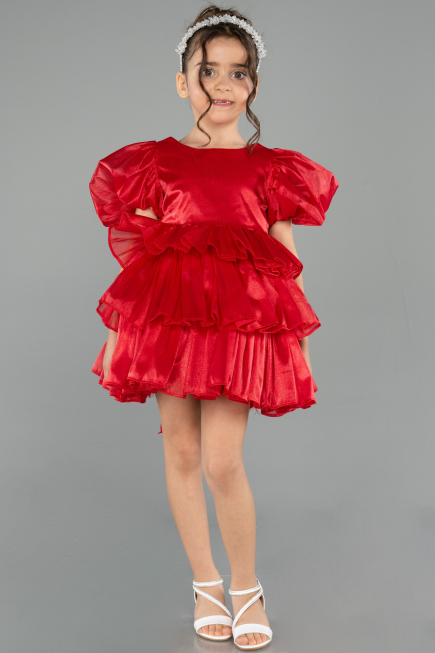 Front Short Back Long Red Satin Girl Dress ABO131