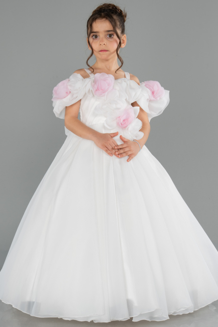 Long White Satin Kid Wedding Dress ABG182