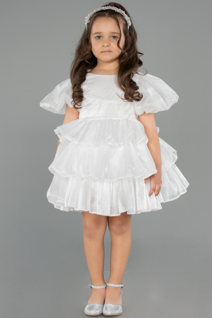 Front Short Back Long White Satin Girl Dress ABO131
