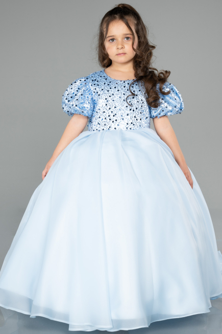 Blue Long Satin Kid Wedding Dress ABG174