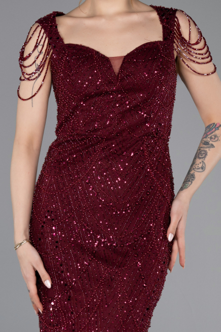 Long Burgundy Beaded Evening Dress ABU5914