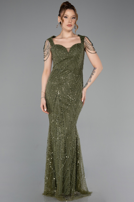 Long Olive Drab Beaded Evening Dress ABU5914