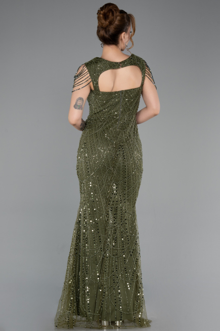 Long Olive Drab Beaded Evening Dress ABU5914