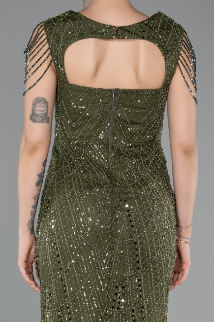 Long Olive Drab Beaded Evening Dress ABU5914