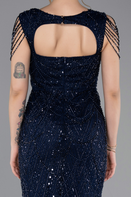 Long Navy Blue Beaded Evening Dress ABU5914
