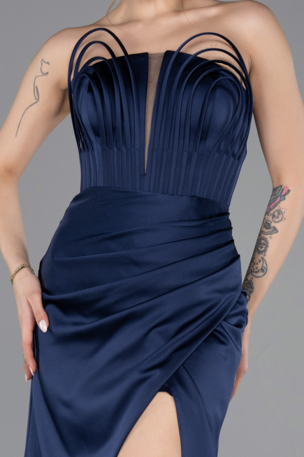 Long Navy Blue Satin Prom Gown ABU5923
