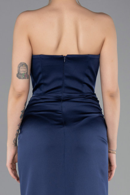 Long Navy Blue Satin Prom Gown ABU5923