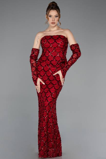 Long Burgundy Scaly Evening Dress ABU5916