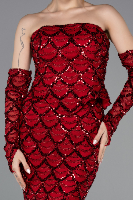 Long Burgundy Scaly Evening Dress ABU5916