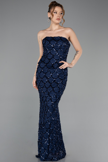 Long Navy Blue Scaly Evening Dress ABU5916