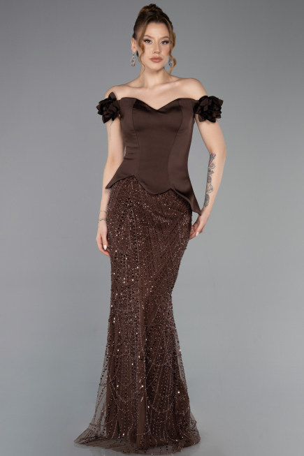 Brown Long Beaded Evening Dress ABU5616