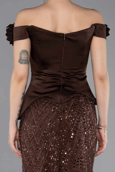 Brown Long Beaded Evening Dress ABU5616