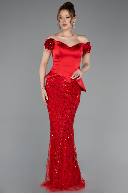 Red Long Beaded Evening Dress ABU5616