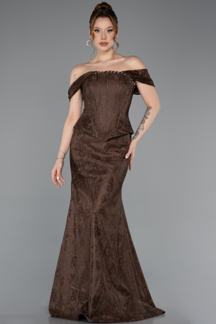 Brown Long Dantelle Evening Dress ABU5609
