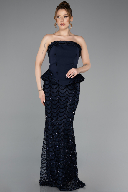 Long Navy Blue Scaly Evening Dress ABU5919