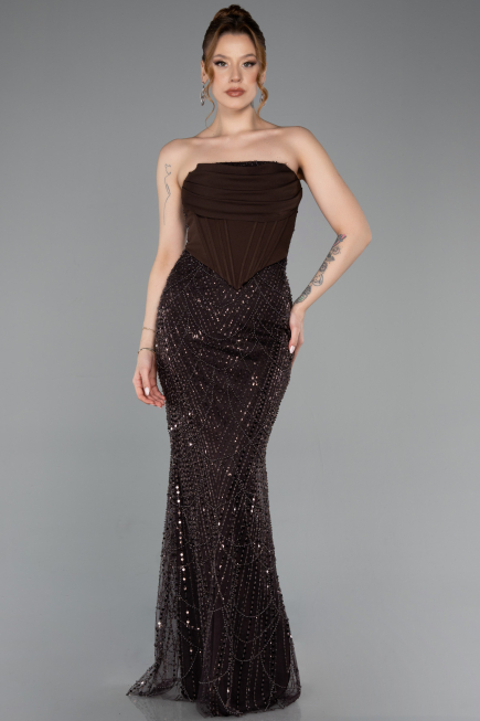 Long Brown Beaded Evening Dress ABU5922