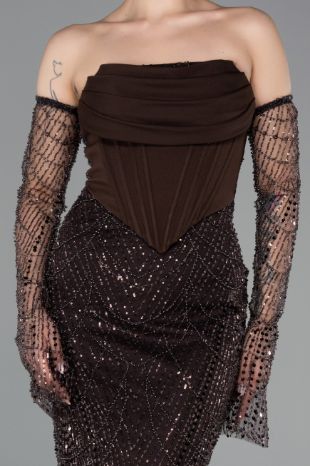 Long Brown Beaded Evening Dress ABU5922