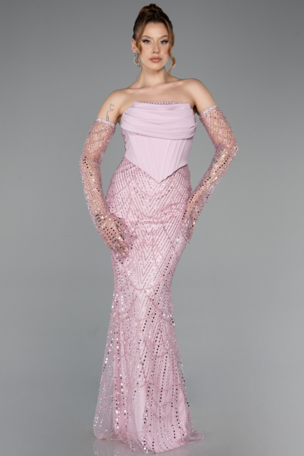 Long Powder Color Beaded Evening Dress ABU5922