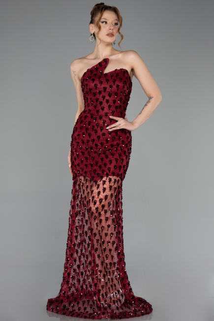 Short Burgundy Scaly Mermaid Evening Gown ABK2581