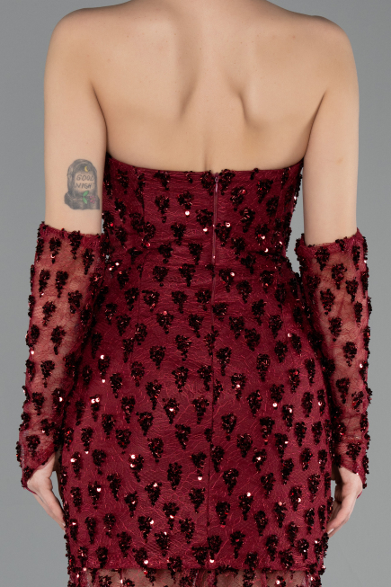 Short Burgundy Scaly Mermaid Evening Gown ABK2581