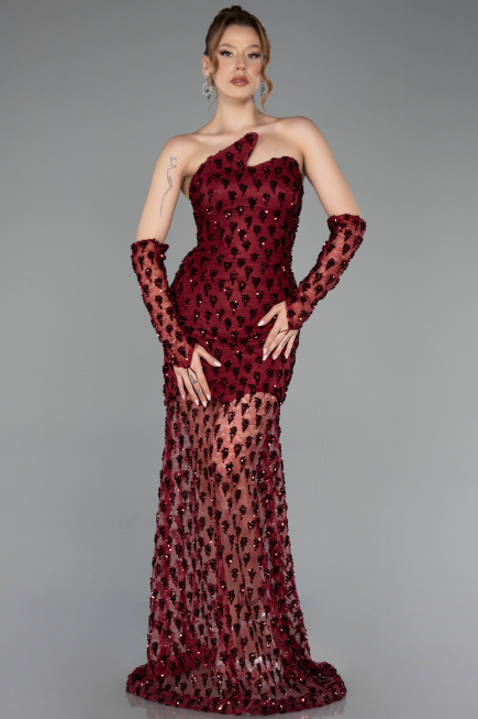 Short Burgundy Scaly Mermaid Evening Gown ABK2581