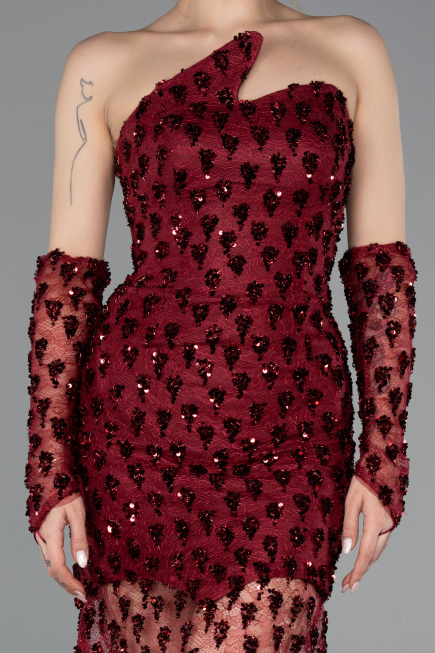 Short Burgundy Scaly Mermaid Evening Gown ABK2581