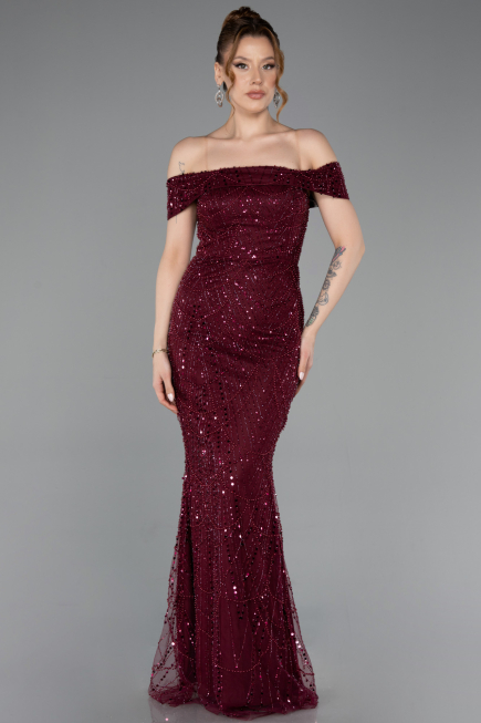 Long Burgundy Beaded Evening Dress ABU5915