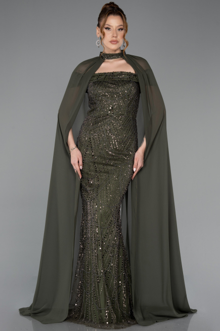 Long Olive Drab Beaded Evening Dress ABU5915