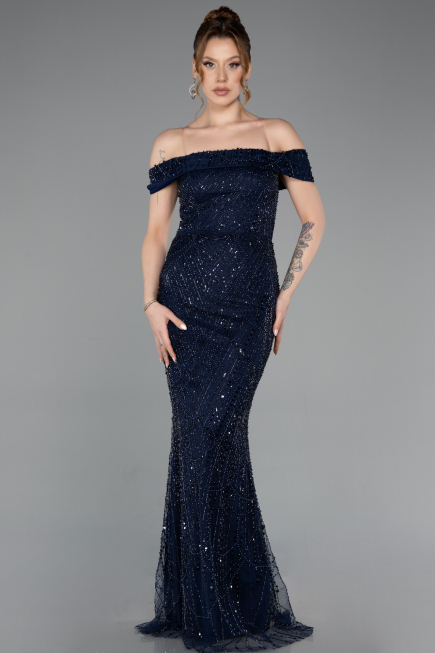 Long Navy Blue Beaded Evening Dress ABU5915