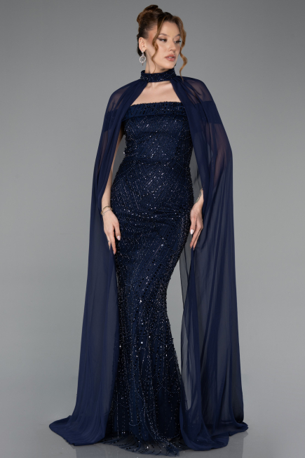 Long Navy Blue Beaded Evening Dress ABU5915