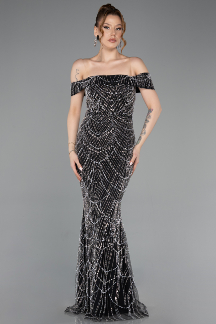 Long Black Beaded Evening Dress ABU5915