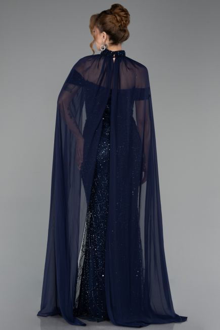 Long Navy Blue Beaded Evening Dress ABU5915