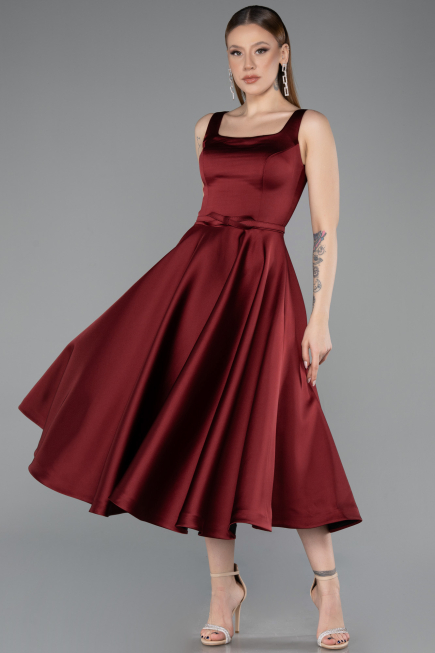 Midi Burgundy Satin Cocktail Dress ABK2586