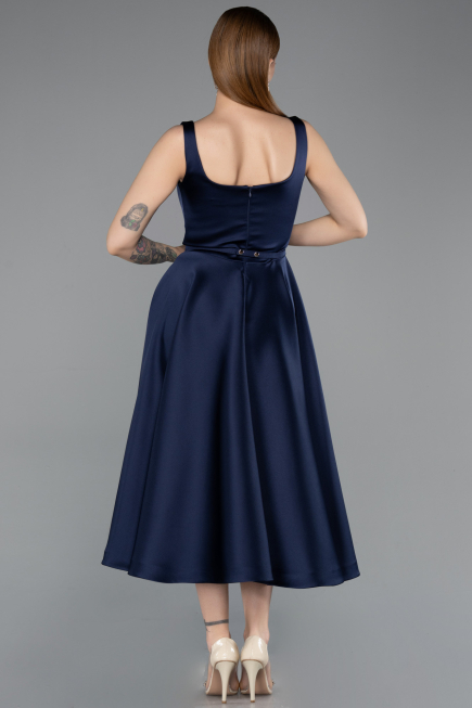 Midi Navy Blue Satin Cocktail Dress ABK2586