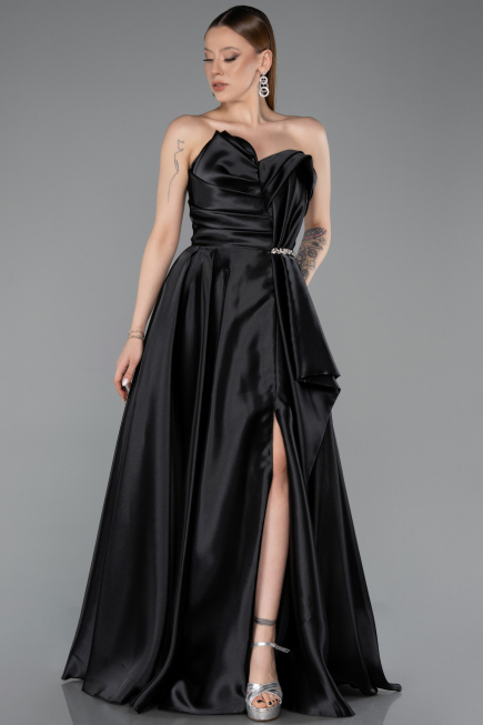 Black Strapless Slit Long Satin Prom Dress ABU4561