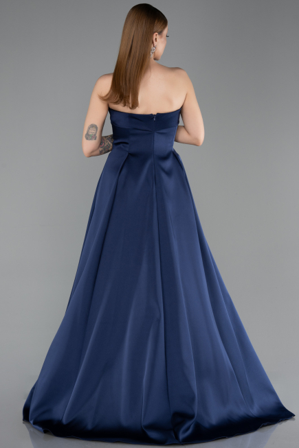 Long Navy Blue Satin Evening Dress ABU5932