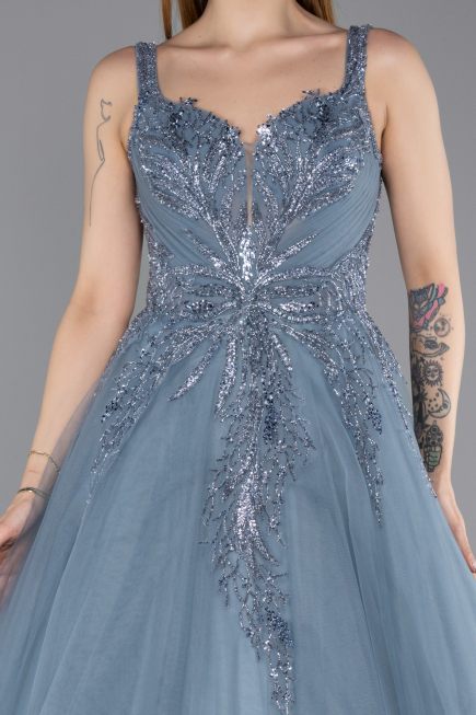 Long Dusty Blue Special Design Engagement Dress ABU5961