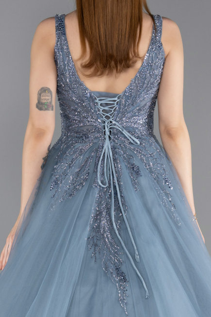 Long Dusty Blue Special Design Engagement Dress ABU5961