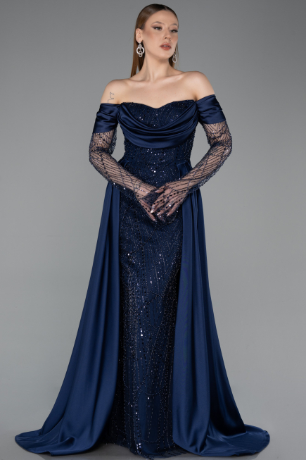 Long Navy Blue Beaded Evening Dress ABU5934