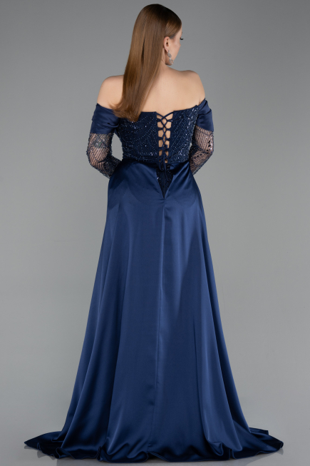 Long Navy Blue Beaded Evening Dress ABU5934