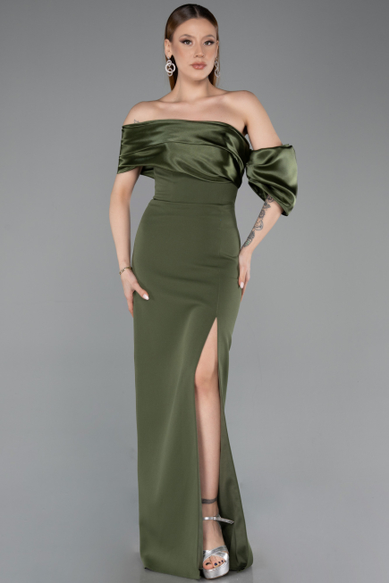 Olive Drab Off Shoulder Satin Drape Slit Evening Gown ABU4024