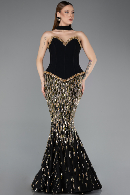 Long Black Scaly Haute Couture Dress ABU5968
