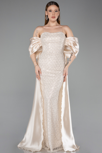 Beige Long Beaded Evening Dress ABU5234