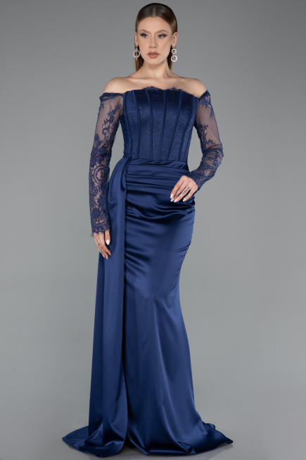 Long Navy Blue Satin Mermaid Prom Dress ABU5949