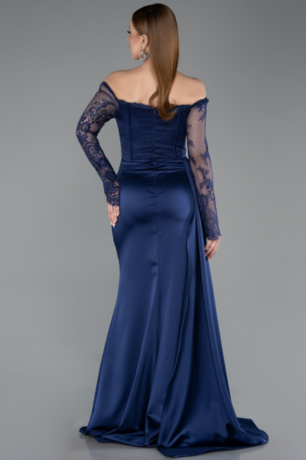 Long Navy Blue Satin Mermaid Prom Dress ABU5949