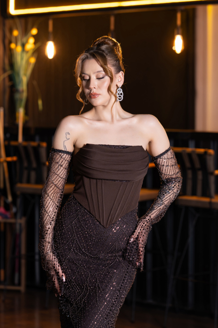 Long Brown Beaded Evening Dress ABU5922
