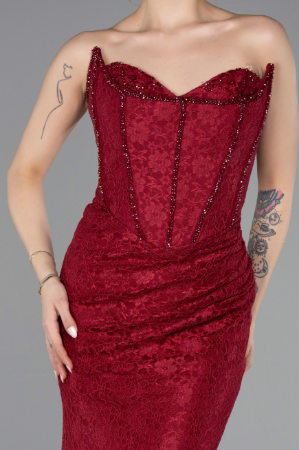 Burgundy Long Dantelle Evening Dress ABU5815