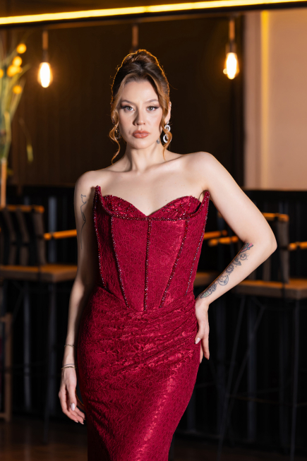 Burgundy Long Dantelle Evening Dress ABU5815