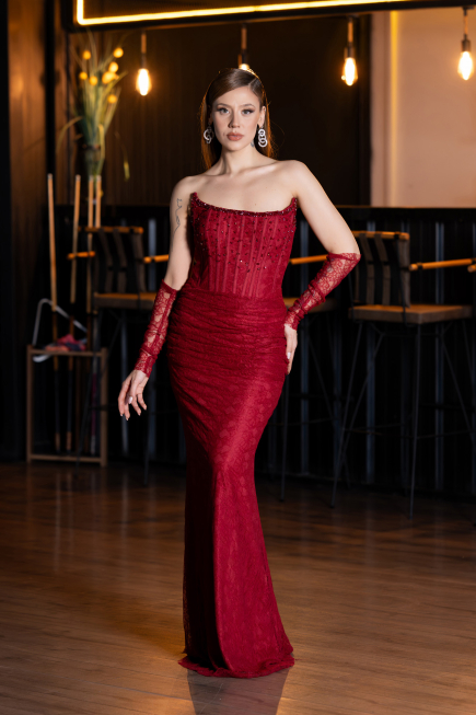 Long Burgundy Dantelle Mermaid Prom Dress ABU5933